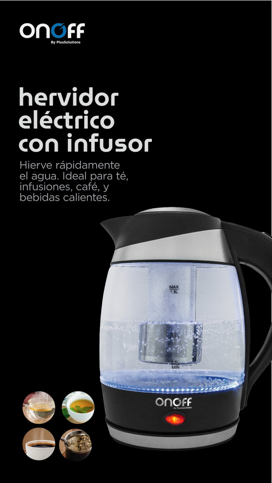 Hervidor Electrico De Agua 1.8L Con Infusor Onoff
